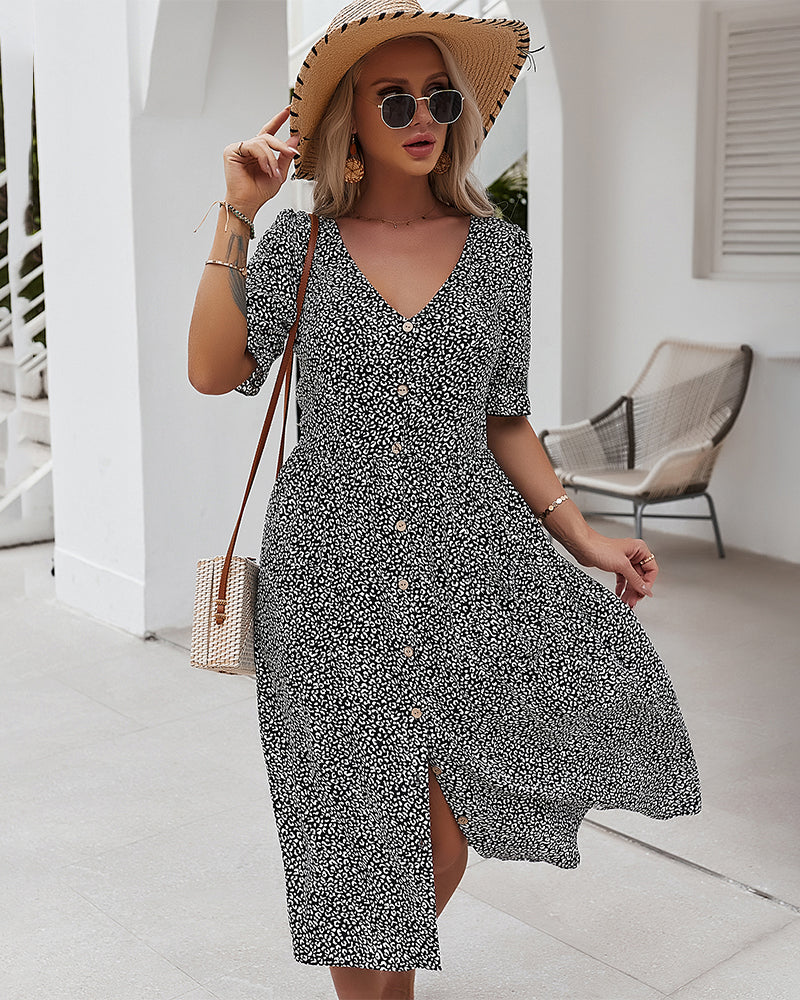 Short Sleeve Button Front Split Maxi Dress