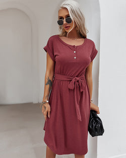 Round Neck Short Sleeve Waist Tie Midi Dress