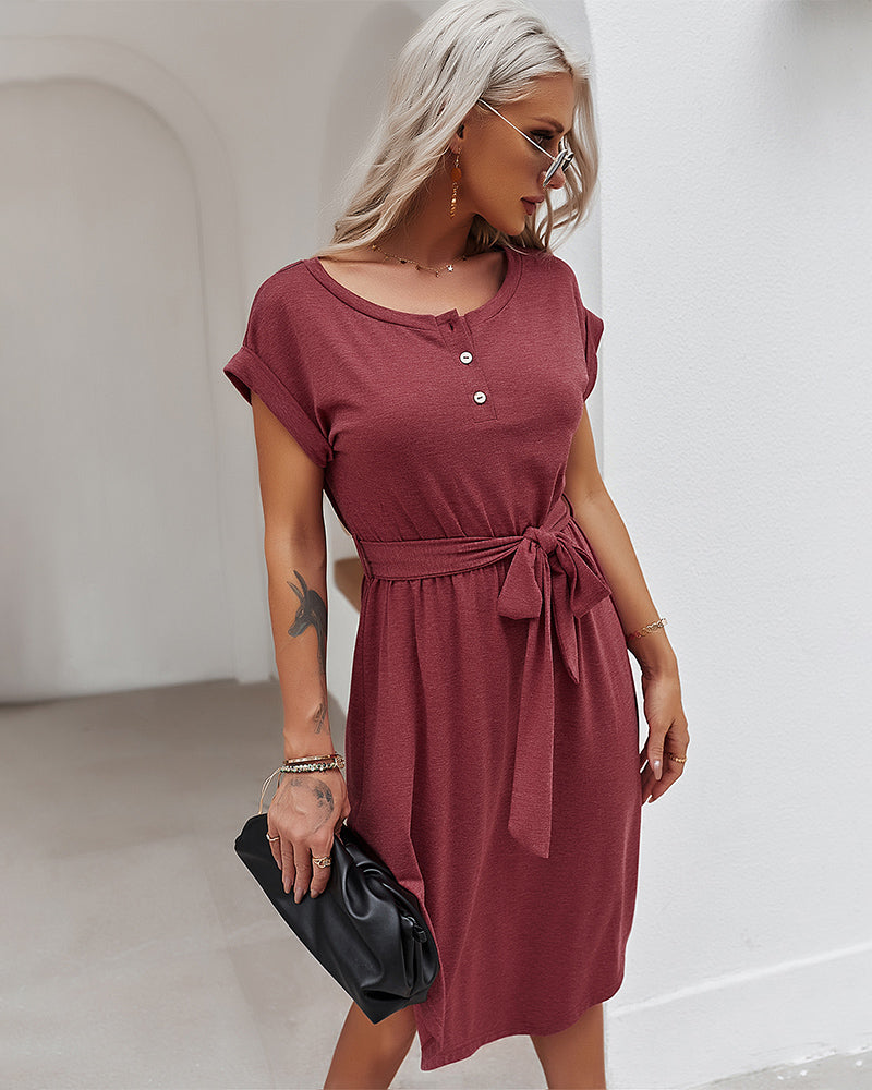 Round Neck Short Sleeve Waist Tie Midi Dress