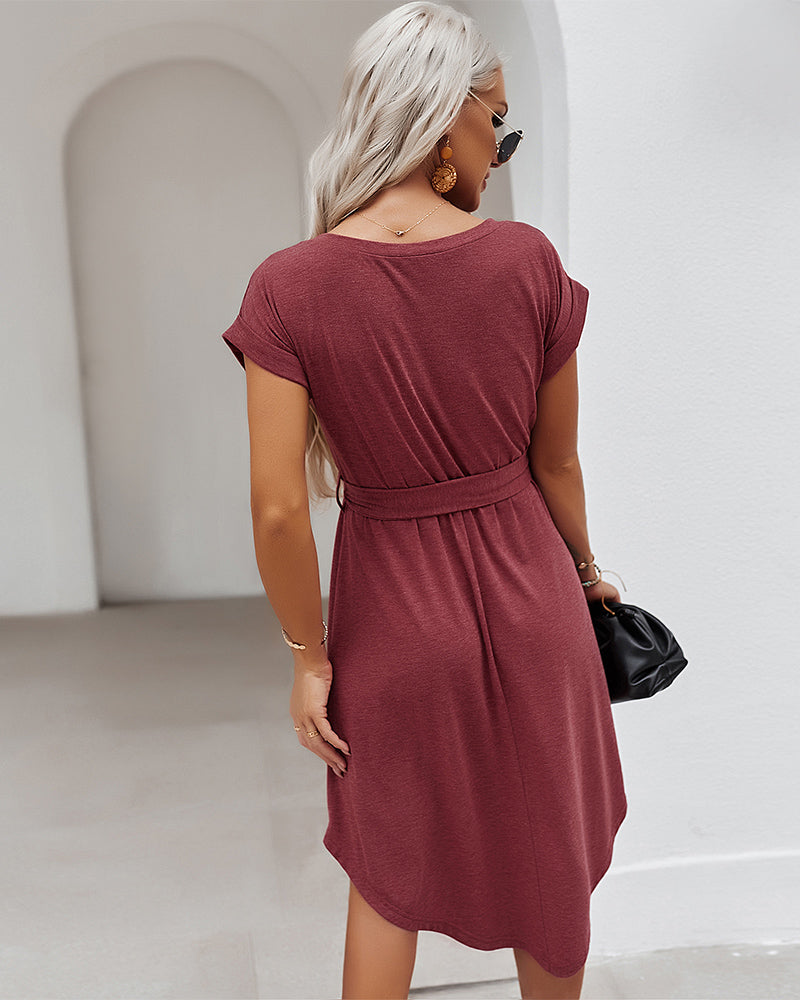 Round Neck Short Sleeve Waist Tie Midi Dress