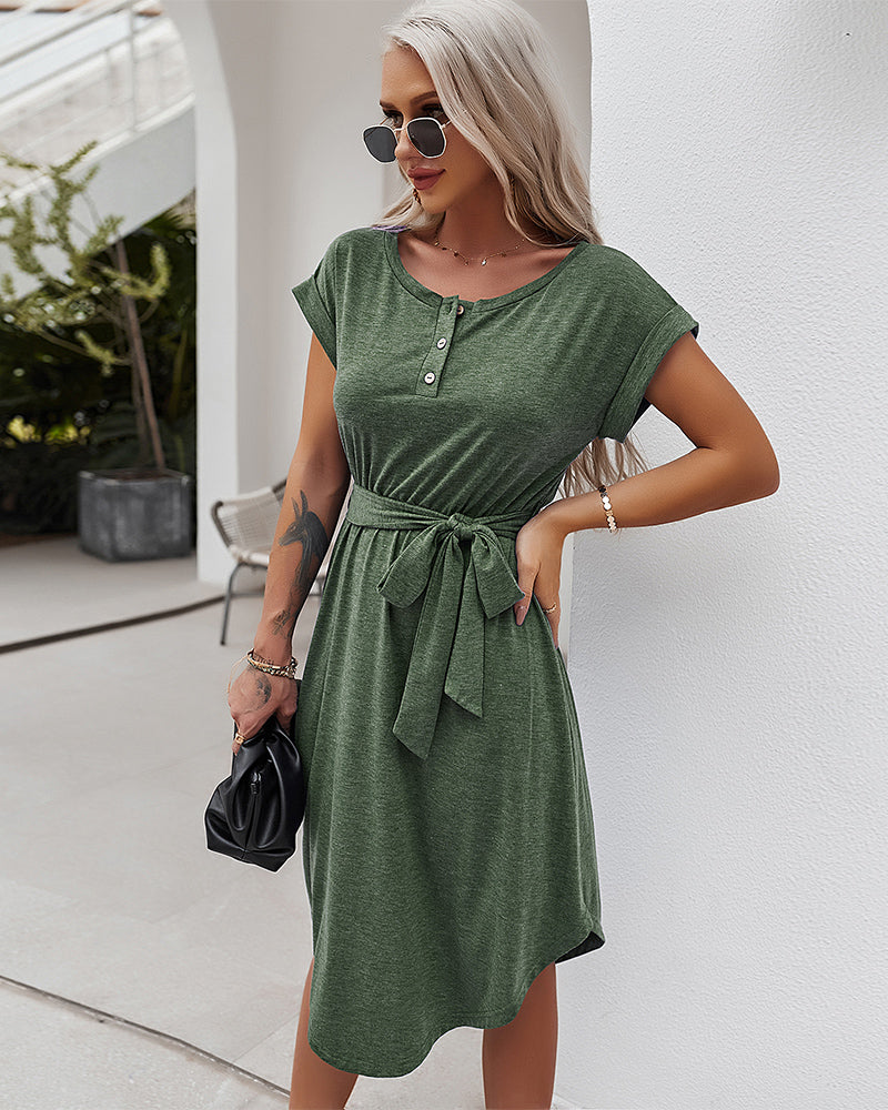 Round Neck Short Sleeve Waist Tie Midi Dress