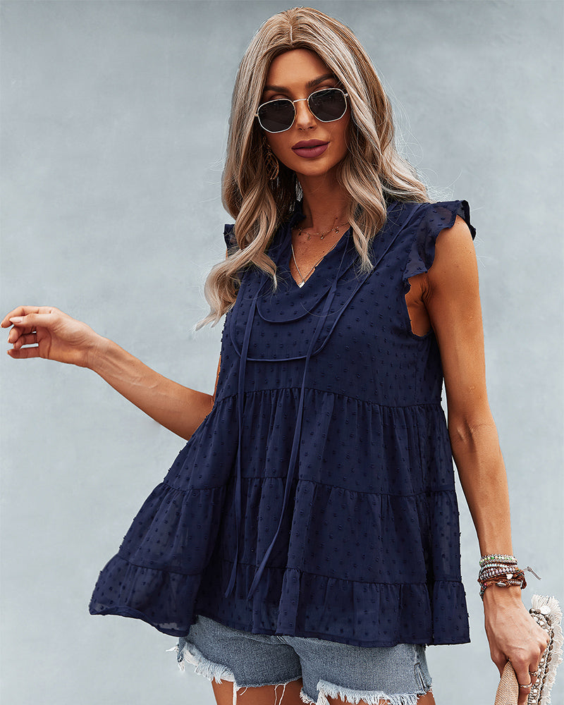 Ruffle Cap Sleeve V Neck Swiss Dot Tank Tops