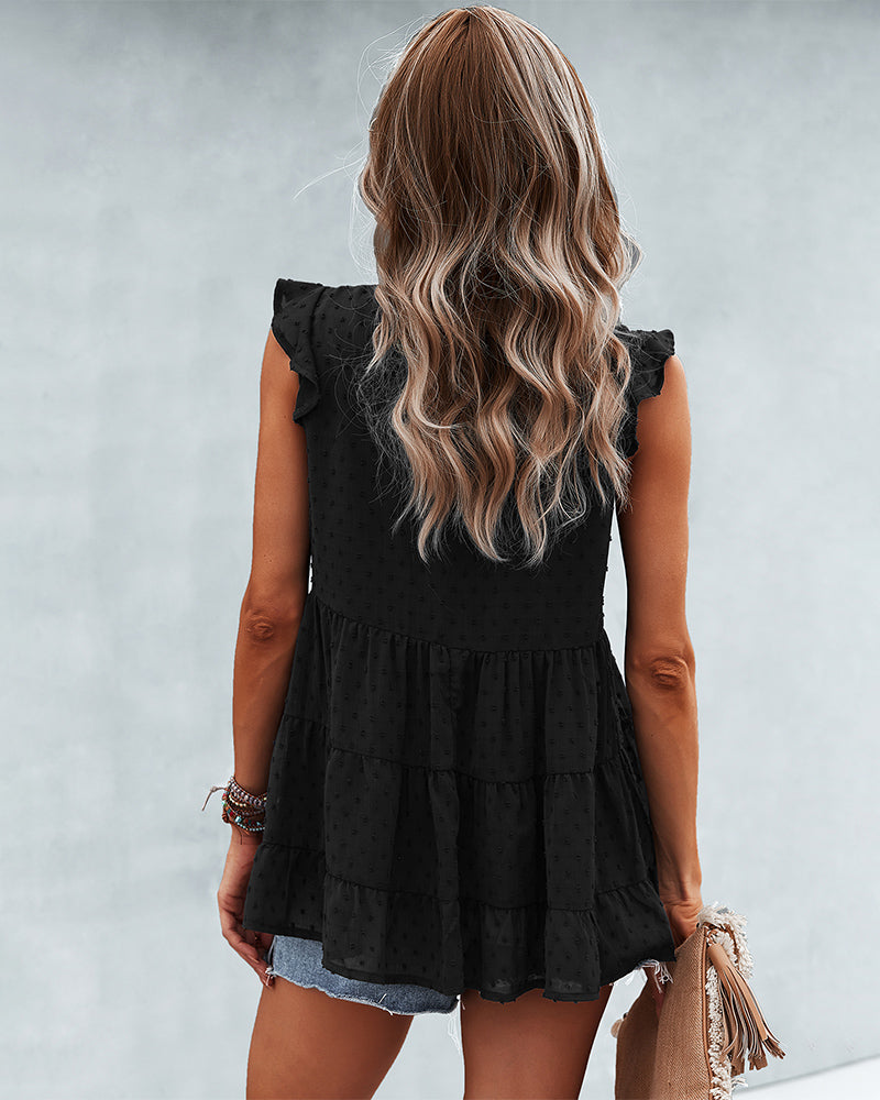 Ruffle Cap Sleeve V Neck Swiss Dot Tank Tops