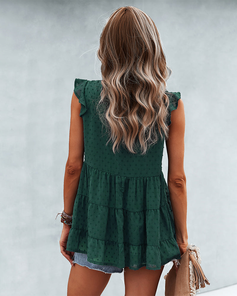 Ruffle Cap Sleeve V Neck Swiss Dot Tank Tops