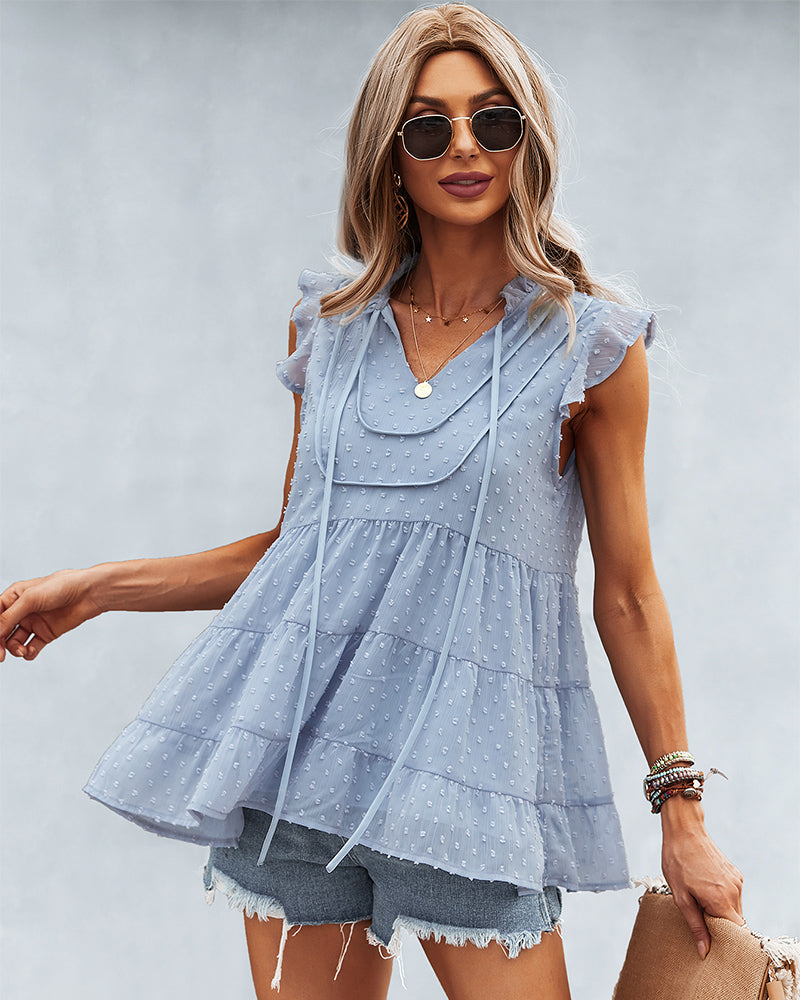 Ruffle Cap Sleeve V Neck Swiss Dot Tank Tops