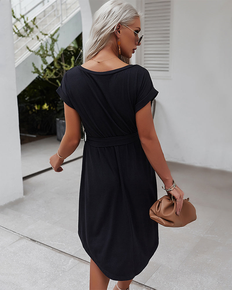 Round Neck Short Sleeve Waist Tie Midi Dress