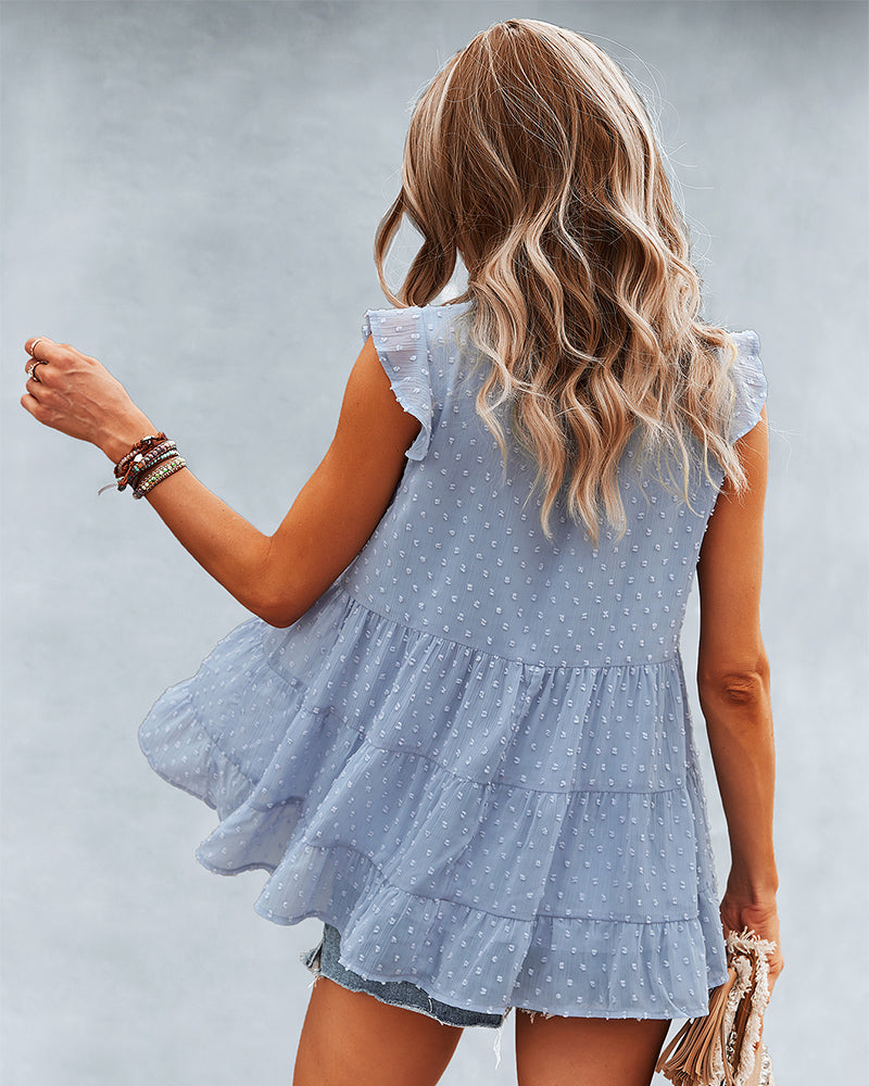 Ruffle Cap Sleeve V Neck Swiss Dot Tank Tops