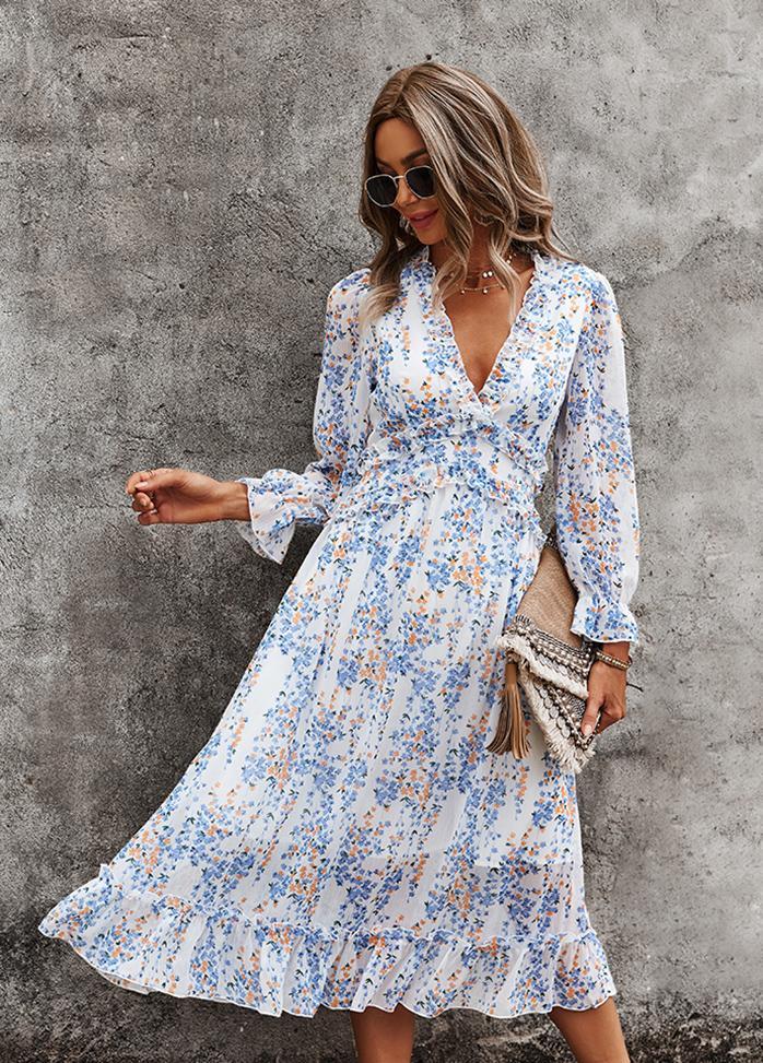 Printed V Neck Long Sleeve Dress