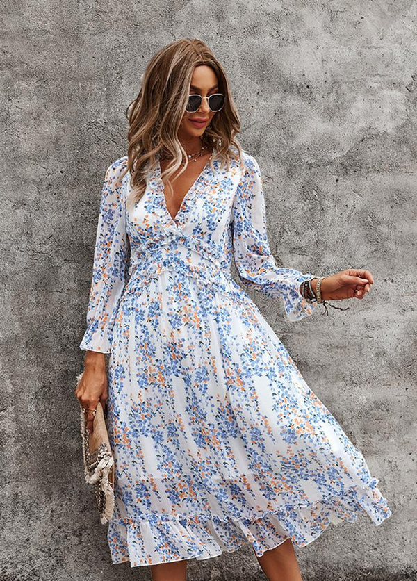 Printed V Neck Long Sleeve Dress