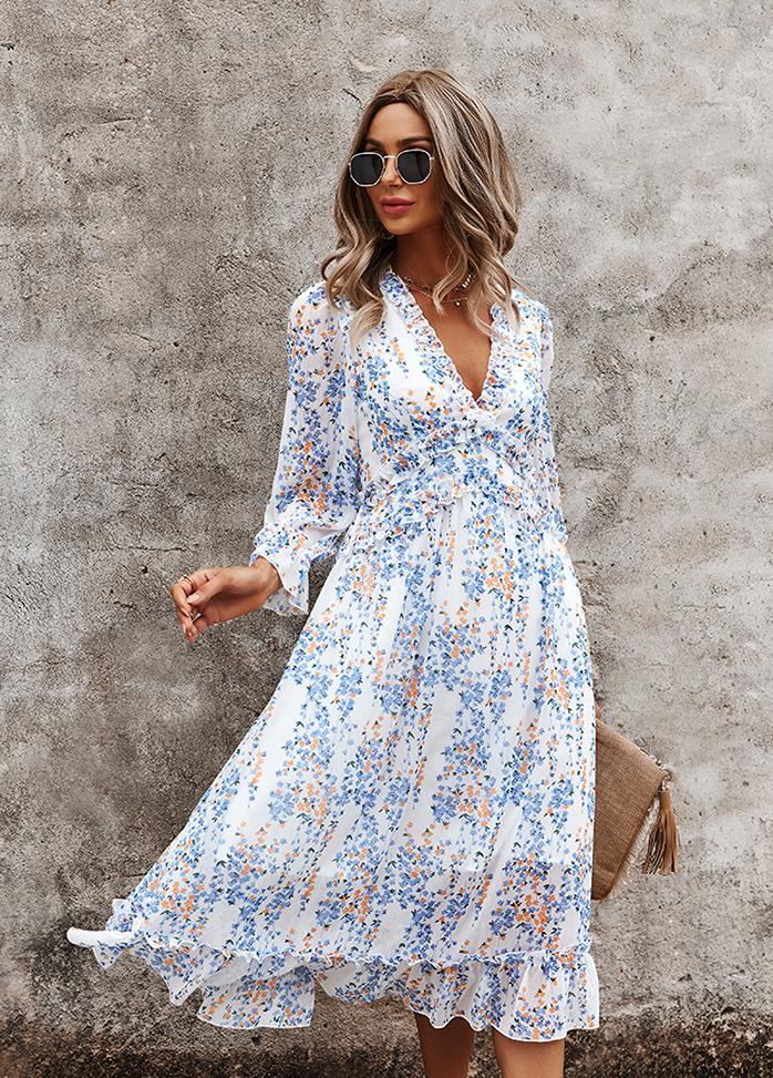 Printed V Neck Long Sleeve Dress