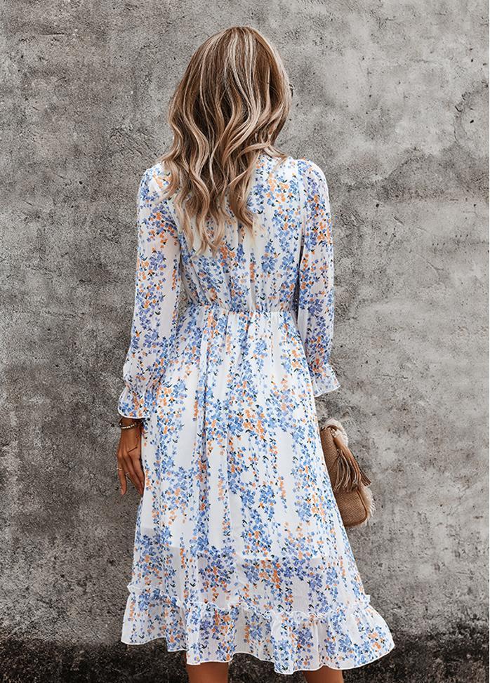 Printed V Neck Long Sleeve Dress