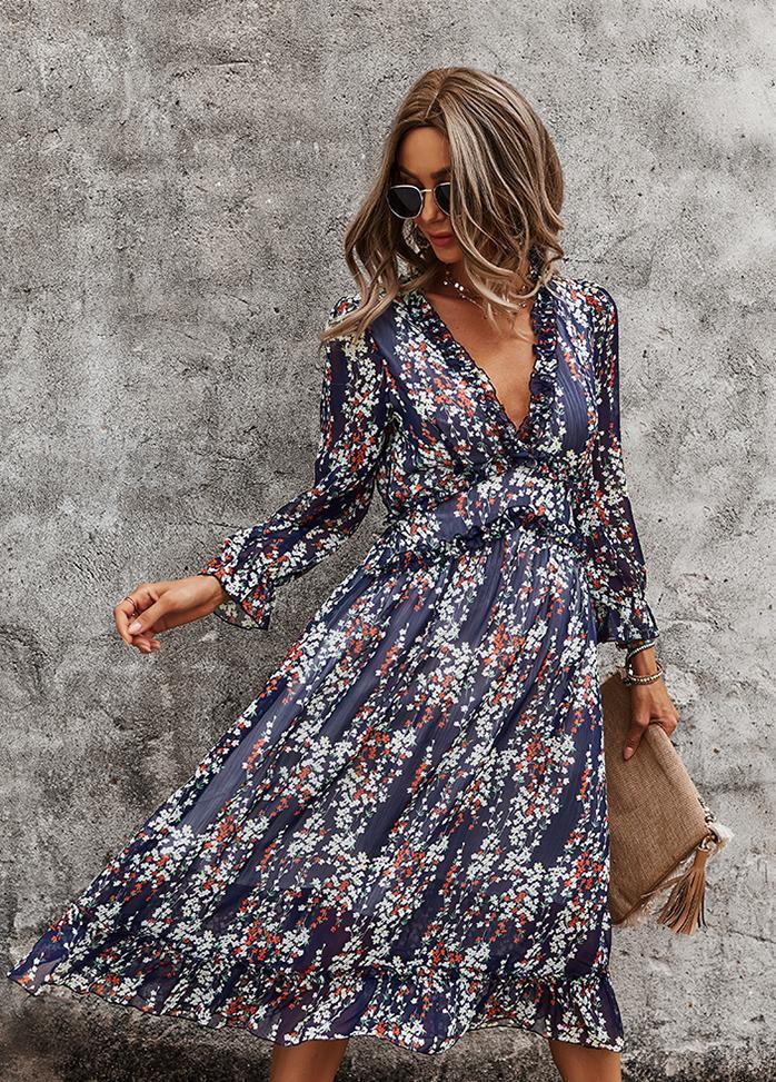 Printed V Neck Long Sleeve Dress