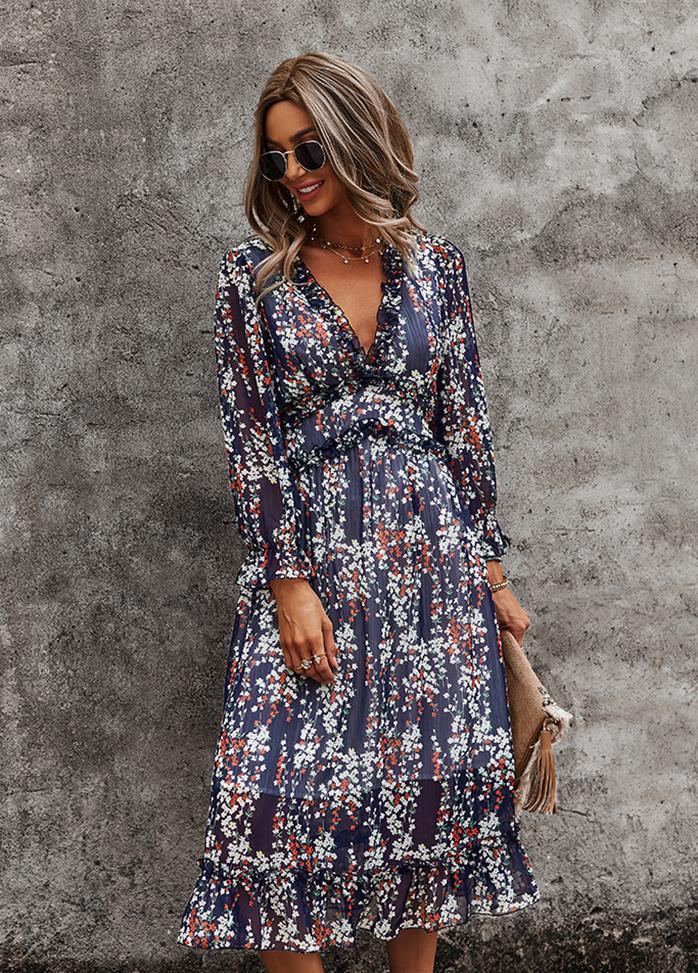 Printed V Neck Long Sleeve Dress