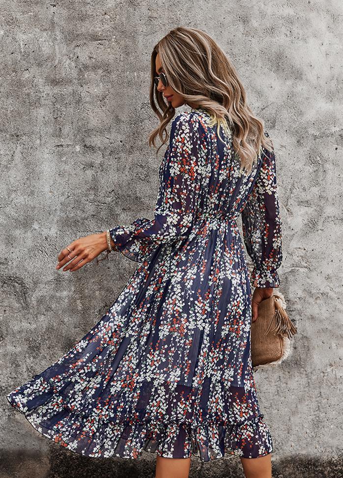 Printed V Neck Long Sleeve Dress