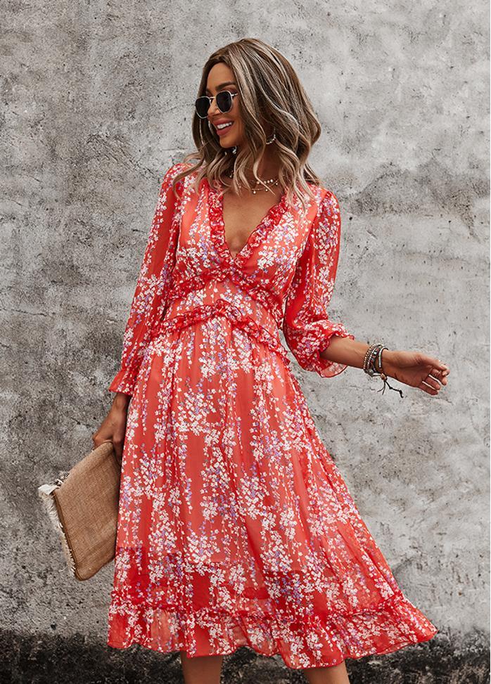 Printed V Neck Long Sleeve Dress