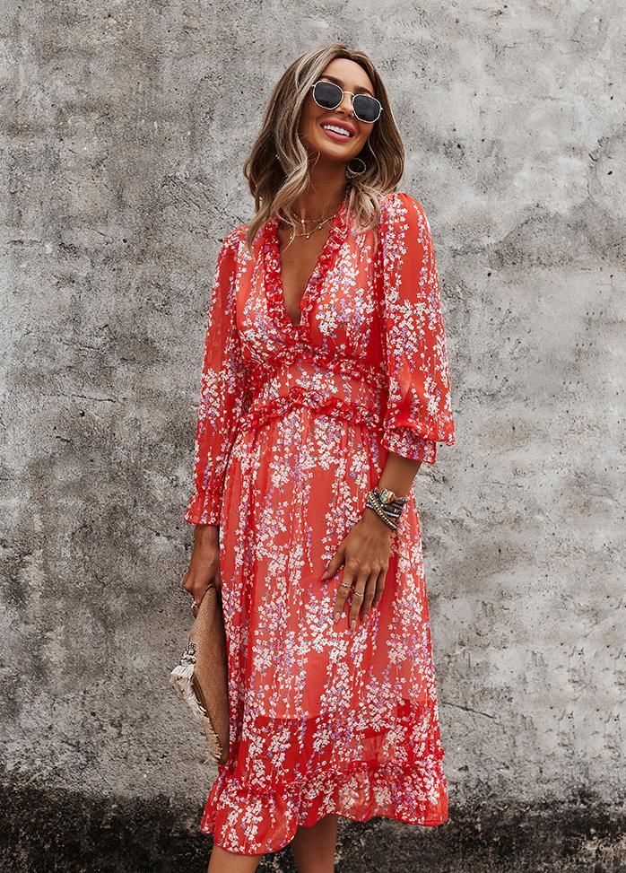 Printed V Neck Long Sleeve Dress