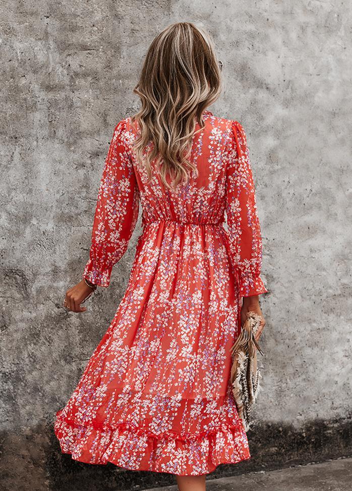 Printed V Neck Long Sleeve Dress