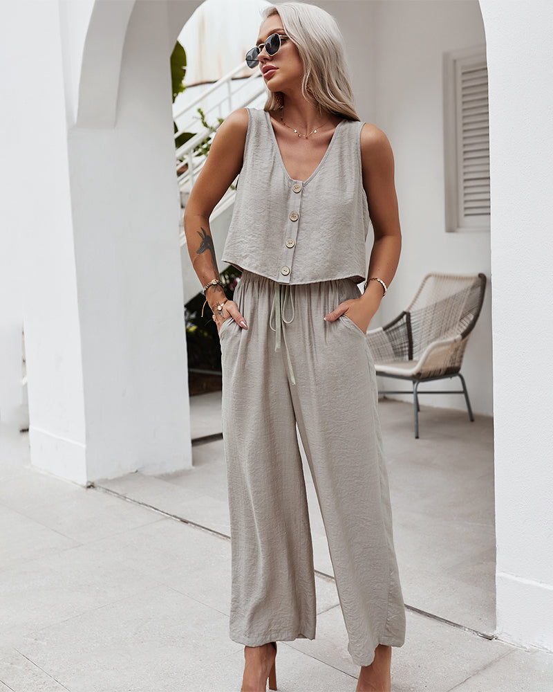 Sleeveless V Neck Button Top with Pants Set