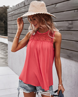 Sleeveless Round Lace Neck Casual Tank Top