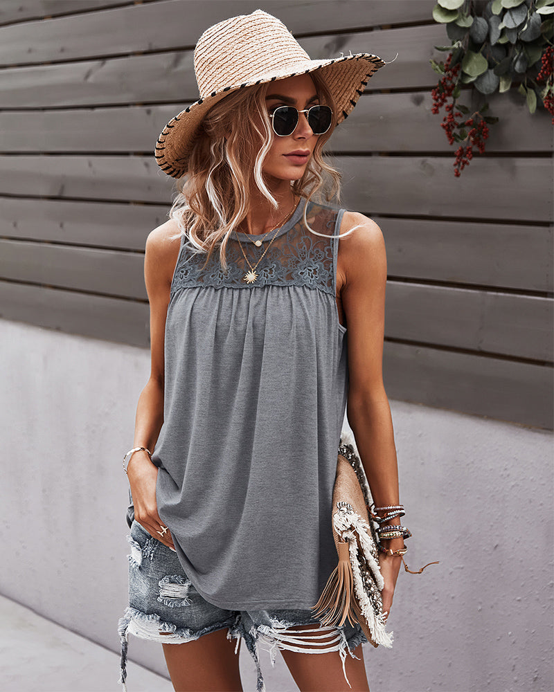 Sleeveless Round Lace Neck Casual Tank Top