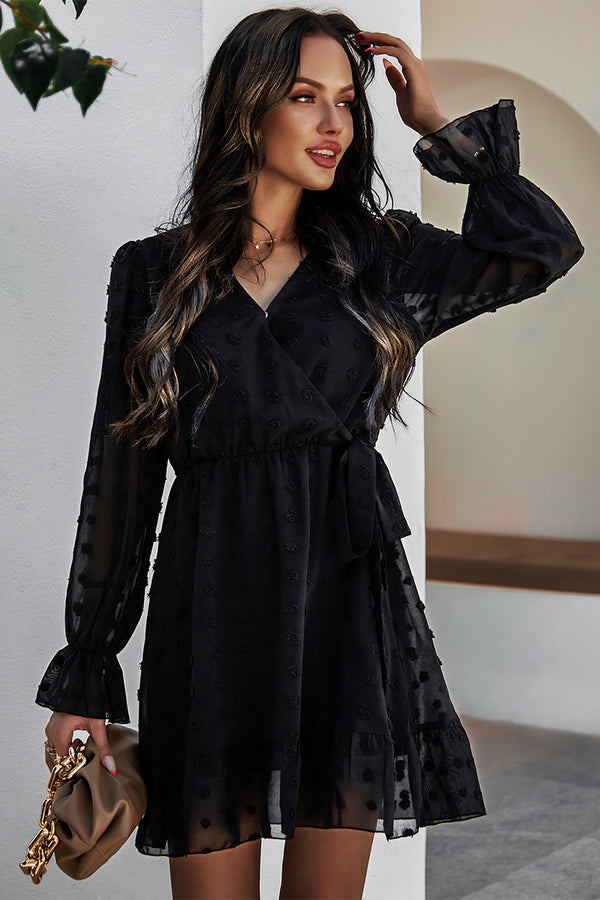 Long Sleeve Ruffle V Neck Polka Dot Dress