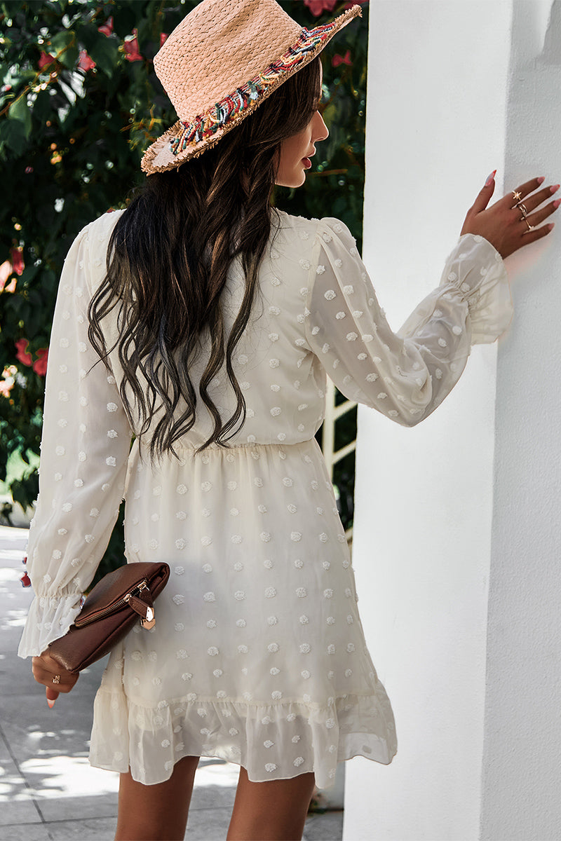 Long Sleeve Ruffle V Neck Polka Dot Dress