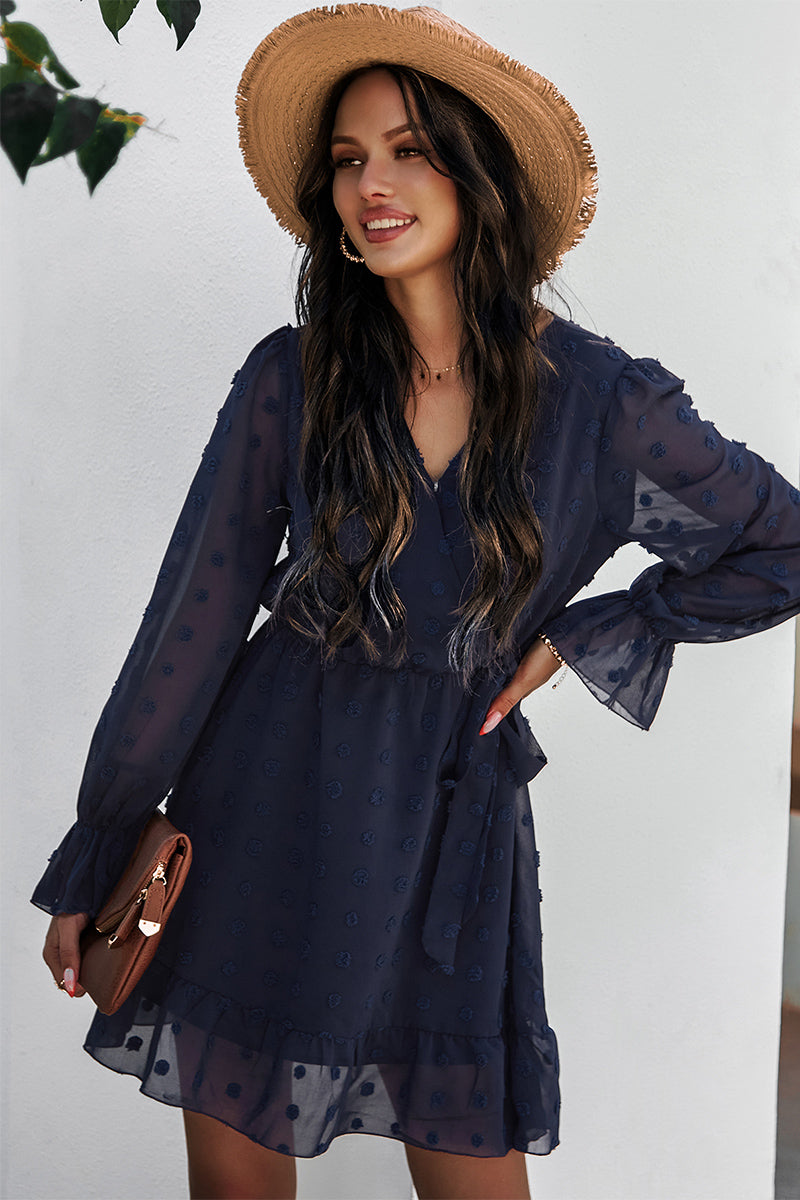 Long Sleeve Ruffle V Neck Polka Dot Dress