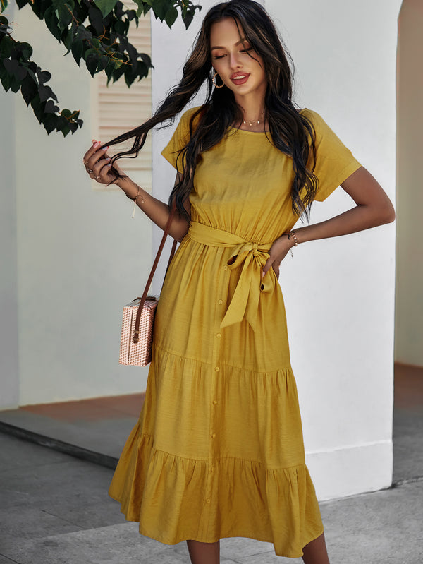 Short Sleeve Round Neck Wrap Tie Waist Maxi Dress