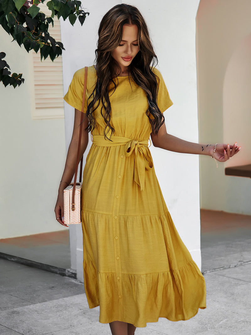 Short Sleeve Round Neck Wrap Tie Waist Maxi Dress