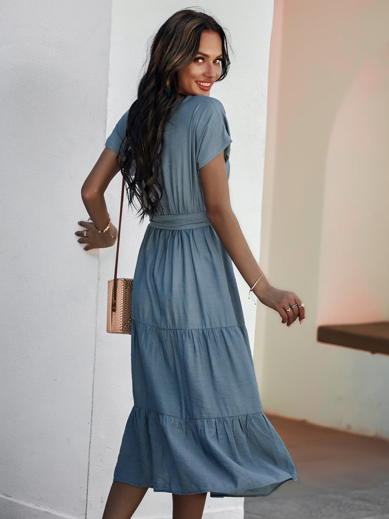 Short Sleeve Round Neck Wrap Tie Waist Maxi Dress