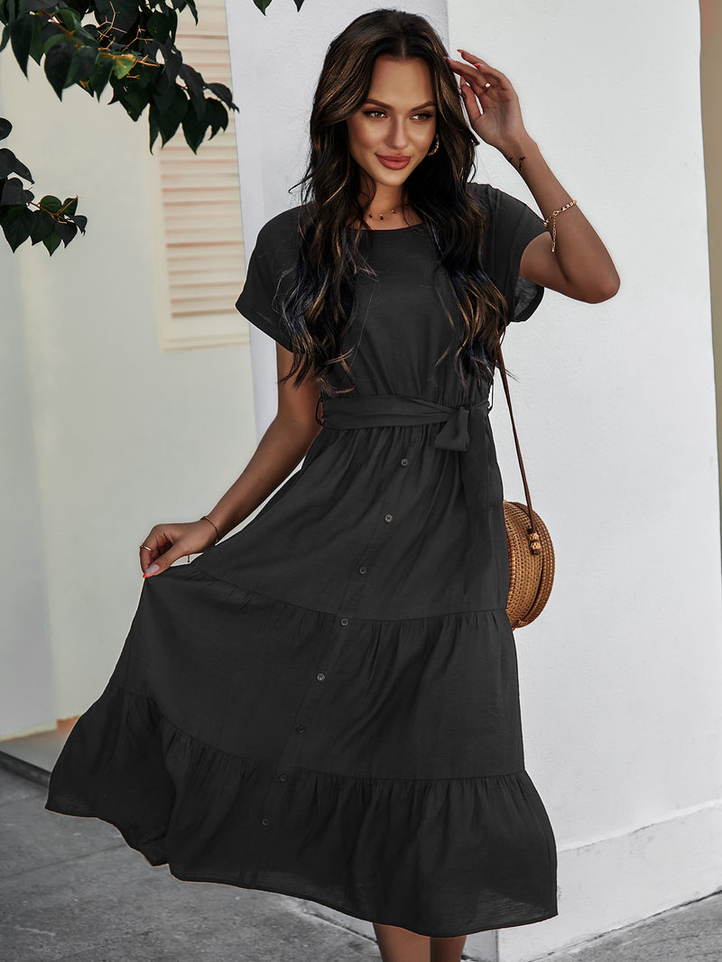 Short Sleeve Round Neck Wrap Tie Waist Maxi Dress