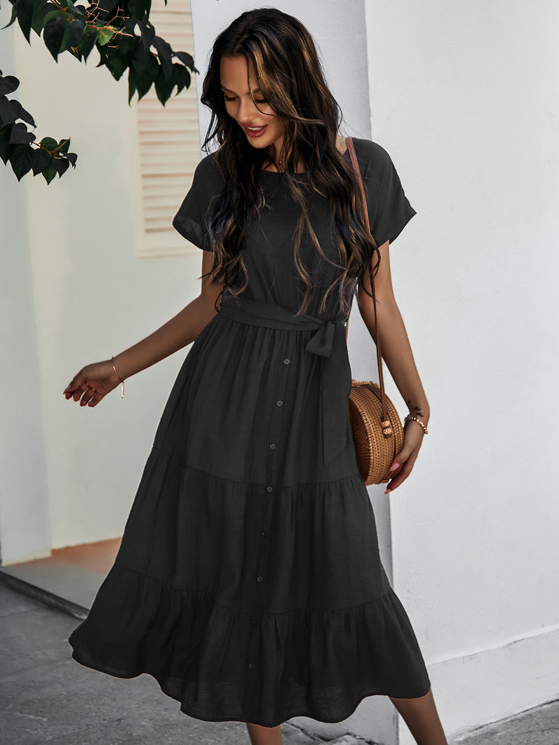 Short Sleeve Round Neck Wrap Tie Waist Maxi Dress