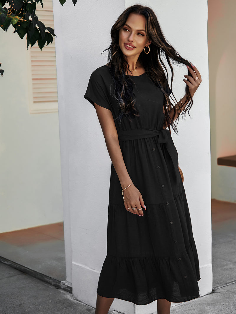 Short Sleeve Round Neck Wrap Tie Waist Maxi Dress