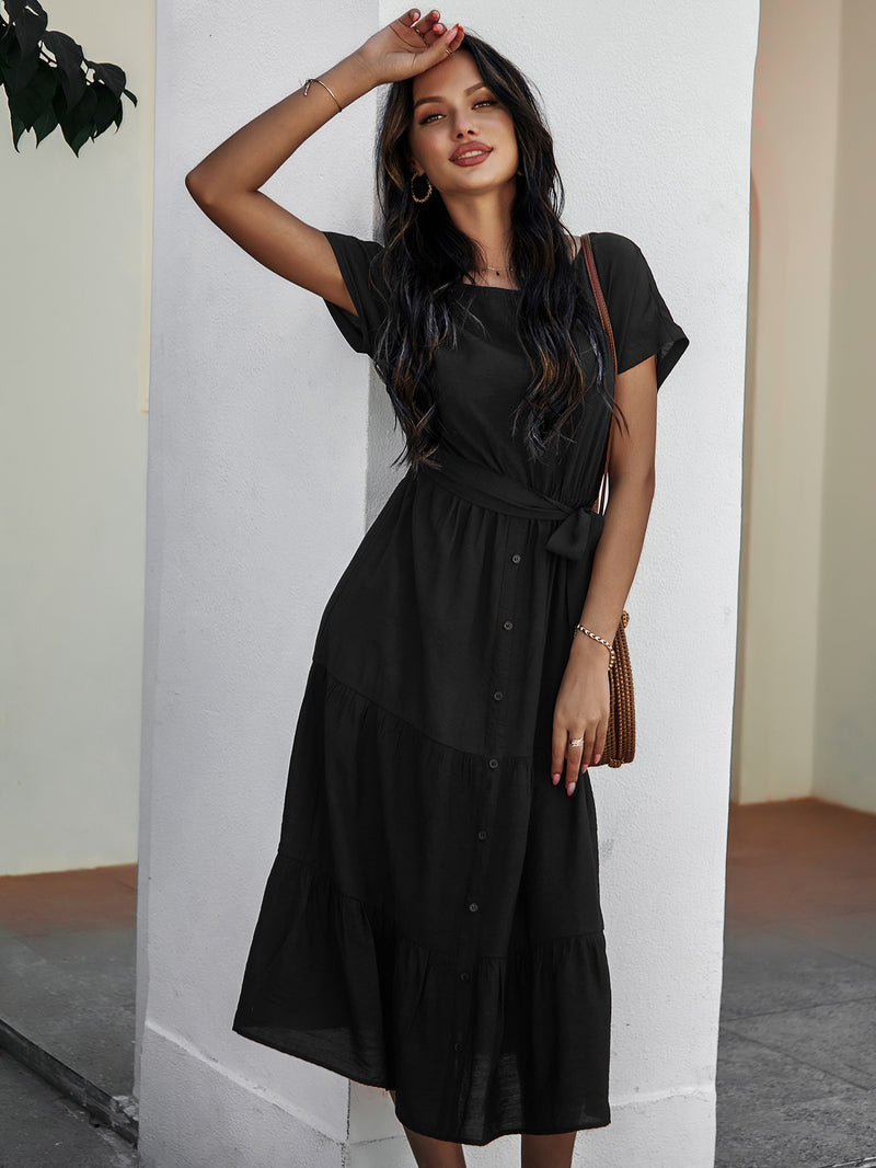 Short Sleeve Round Neck Wrap Tie Waist Maxi Dress