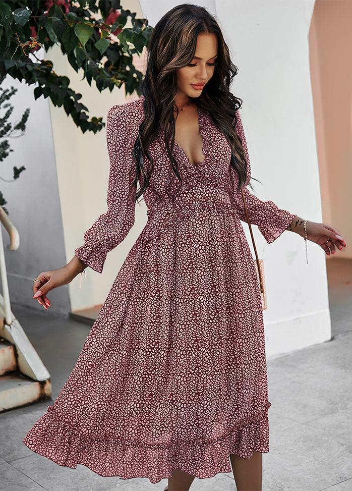 Printed V Neck Long Sleeve Dress