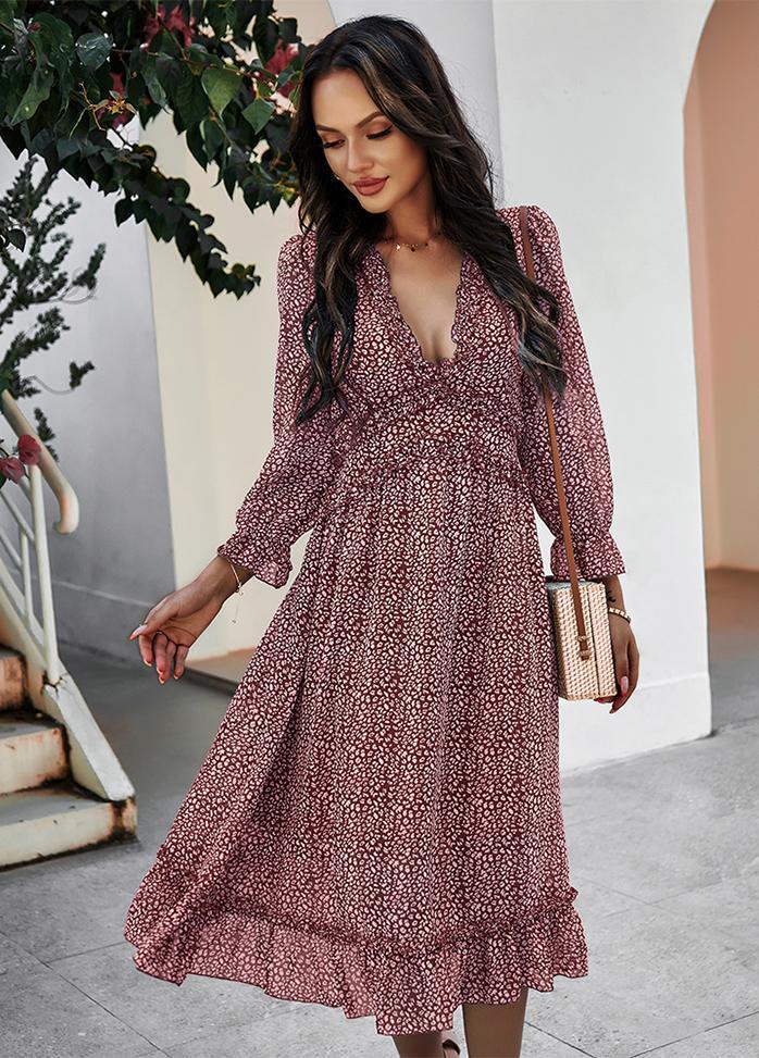 Printed V Neck Long Sleeve Dress