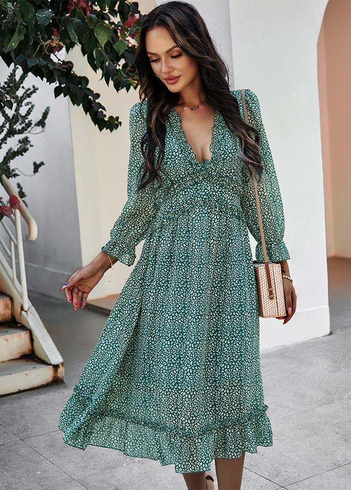 Printed V Neck Long Sleeve Dress