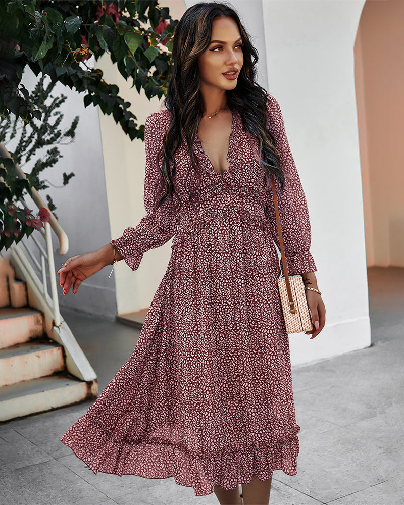 Deep V Neck Floral Long Sleeve Ruffle Hem Maxi Dress