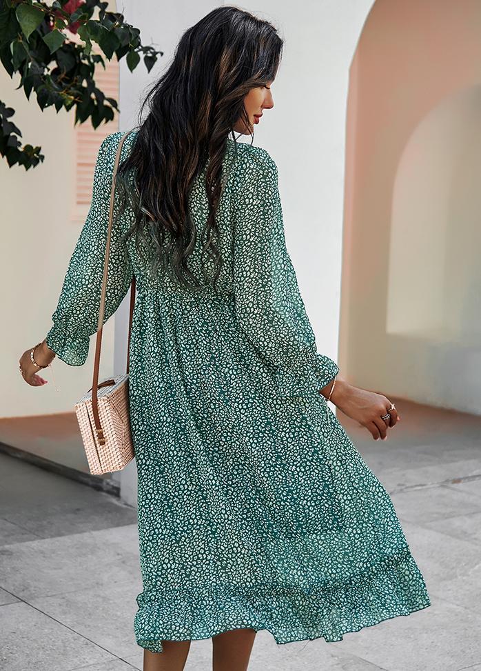 Printed V Neck Long Sleeve Dress