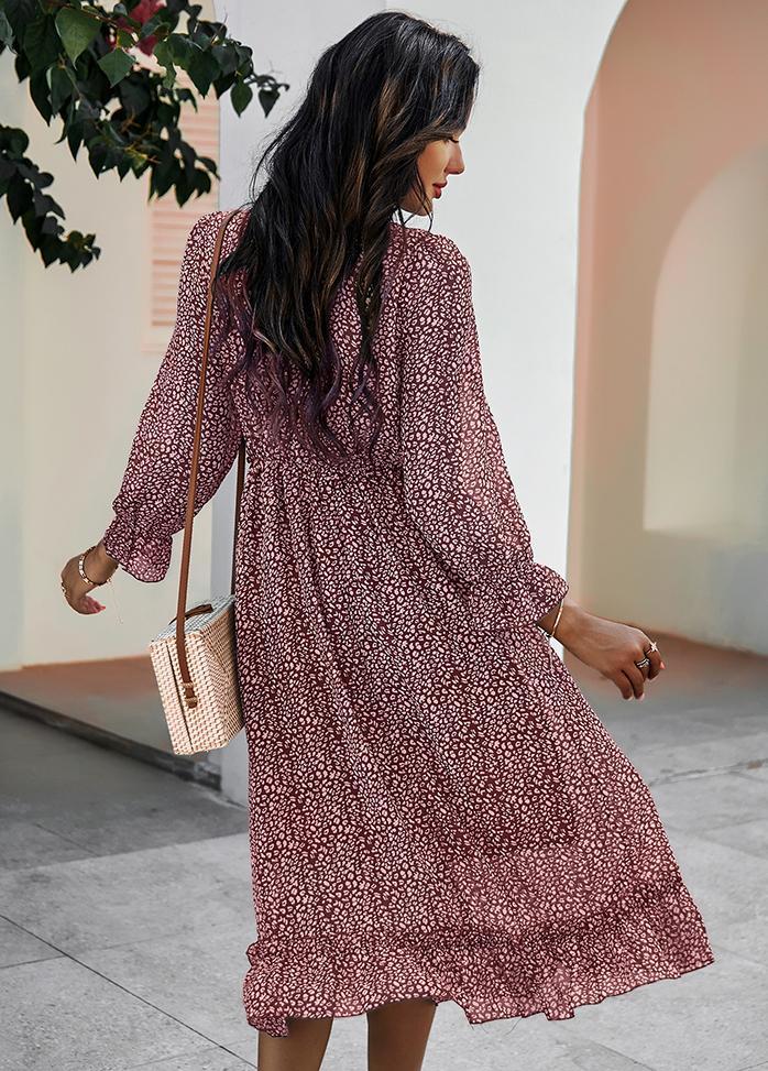 Printed V Neck Long Sleeve Dress