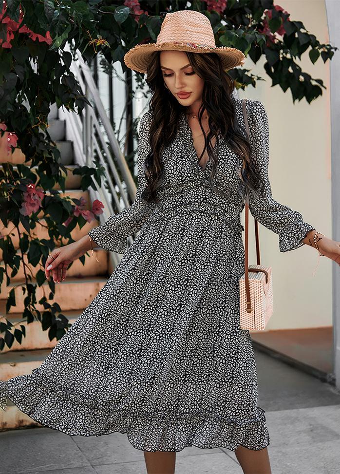 Printed V Neck Long Sleeve Dress