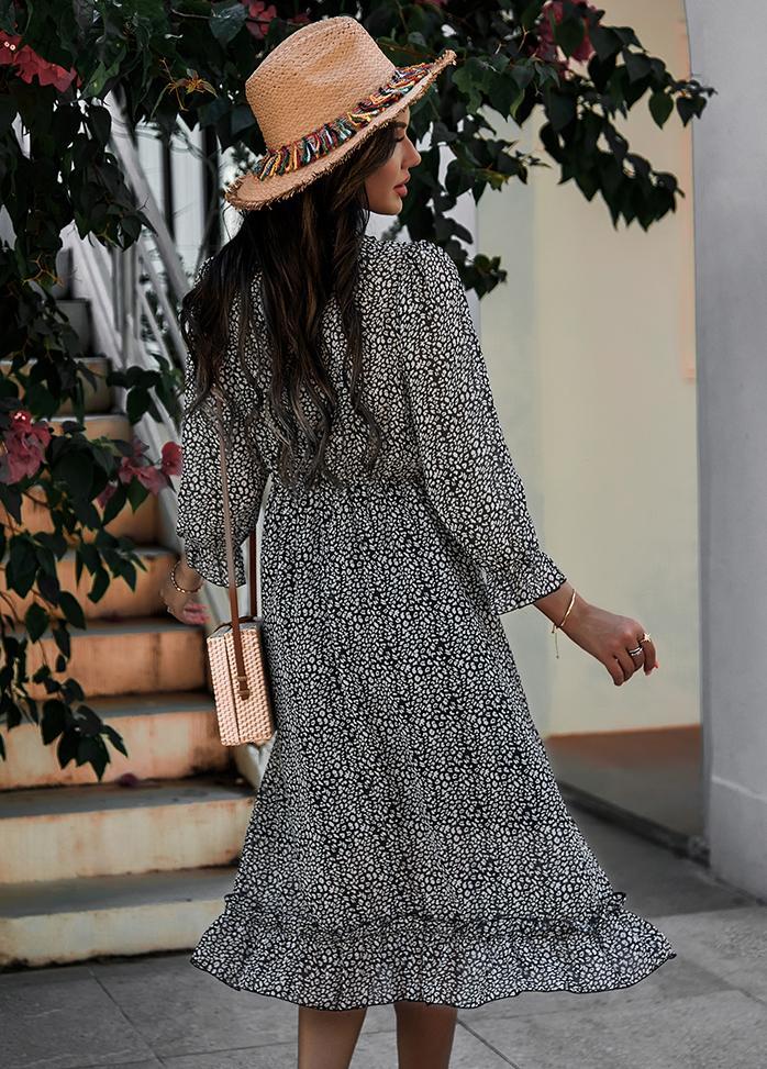 Printed V Neck Long Sleeve Dress