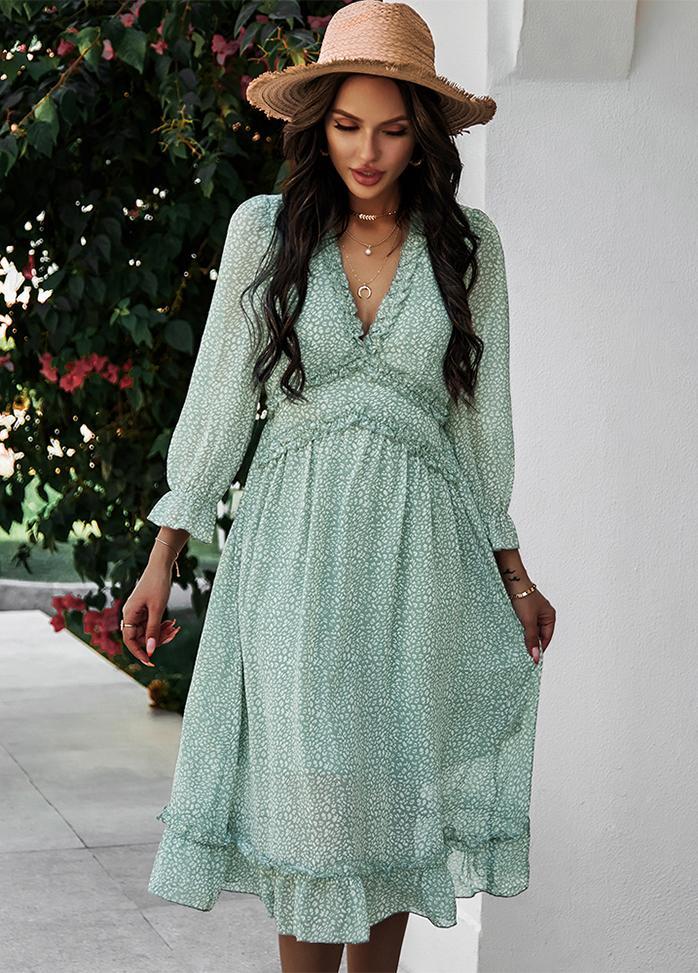 Printed V Neck Long Sleeve Dress