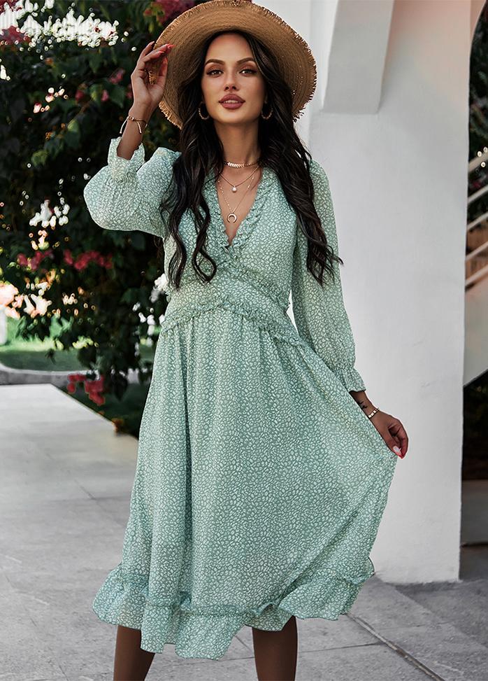 Printed V Neck Long Sleeve Dress