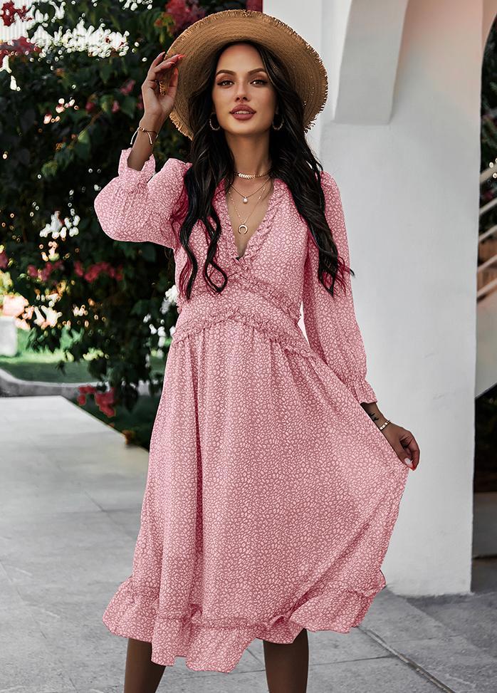 Printed V Neck Long Sleeve Dress