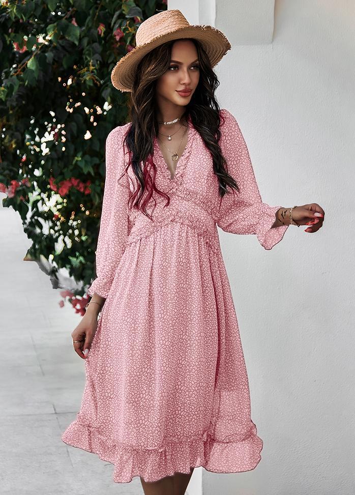 Printed V Neck Long Sleeve Dress