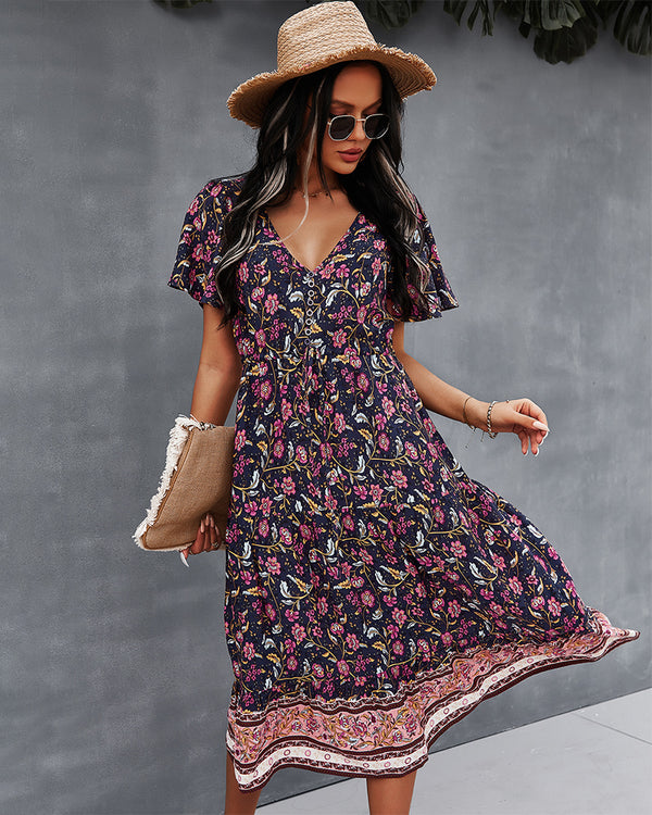 Short Sleeve Floral V Neck Midi Dress