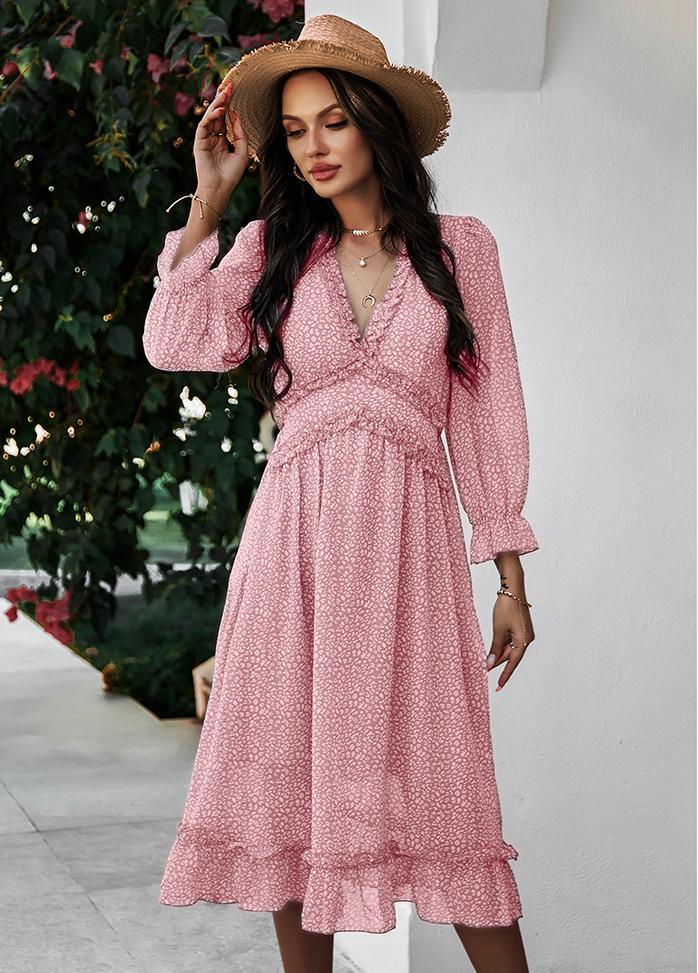 Printed V Neck Long Sleeve Dress