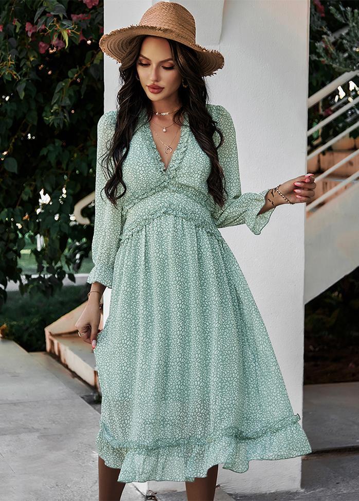 Printed V Neck Long Sleeve Dress