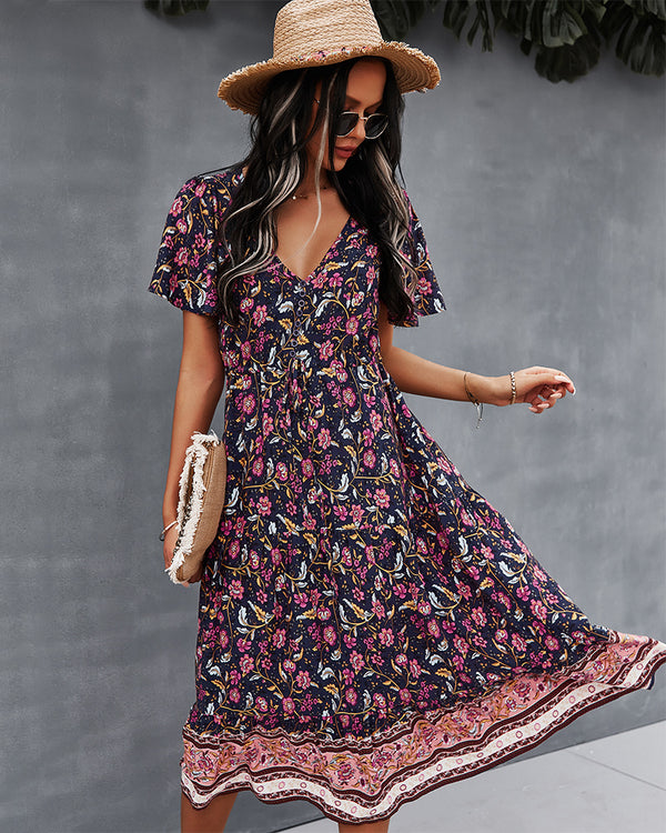 Short Sleeve Floral V Neck Midi Dress